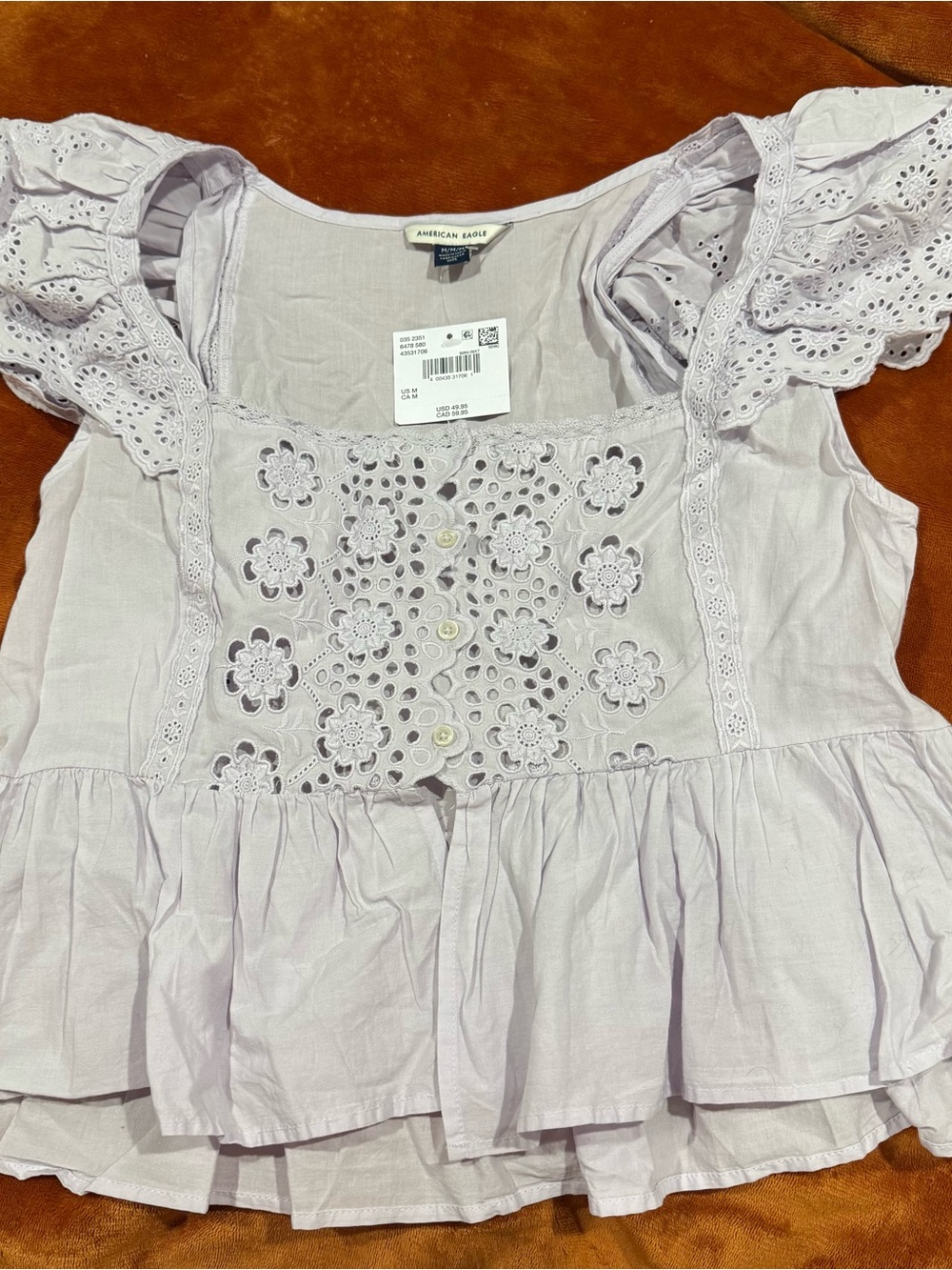 American Eagle Outfitters Light Lavender Eyelet Peplum Crop Top